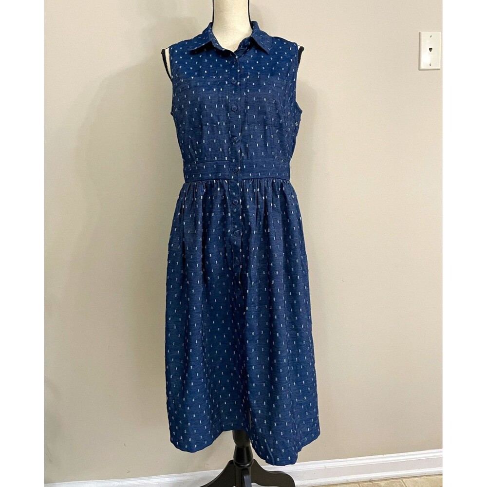Eva Mendes New York & Company Blue/White Dotted Chambray Shirt Dress Midi 8